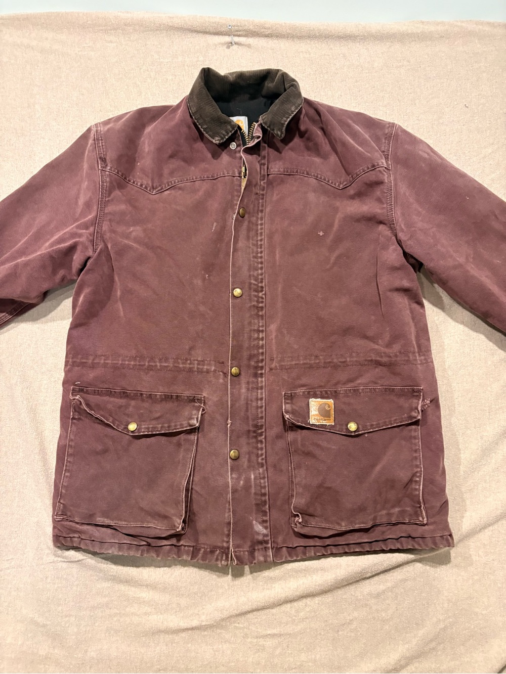 Vintage 1990’s Carhartt Men's Plum Canvas Work Jacket with Corduroy Collar